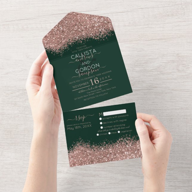 Luxury Rose Gold Green Glitter Confetti Wedding Al All In One Invitation (Tearaway)