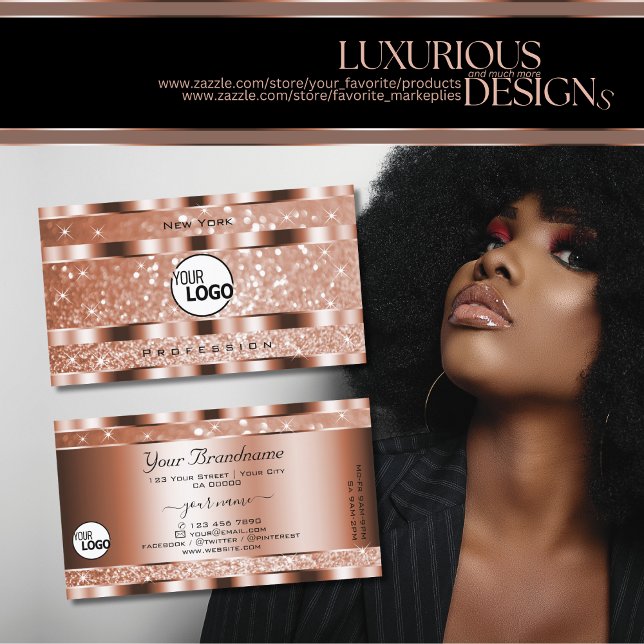 Luxury Rose Gold Luminous Glitter Stars add Logo Business Card (Creator Uploaded)