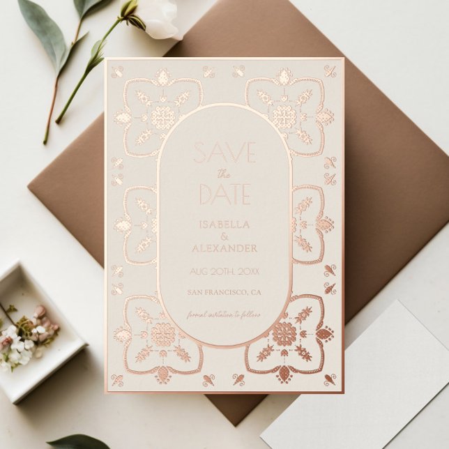 Luxury Rose Gold Mediterranean Tile Save the Date (Creator Uploaded)