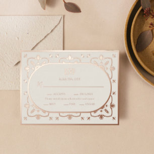 Luxury Rose Gold Mediterranean Tile Wedding RSVP Foil Holiday Postcard