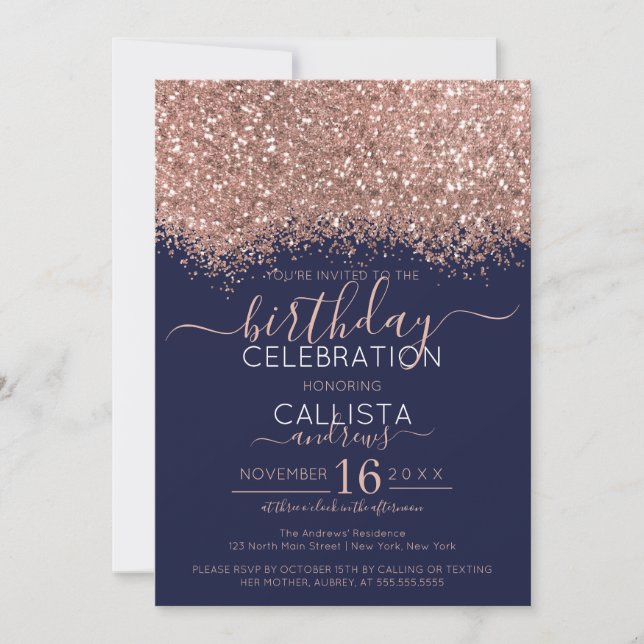 Luxury Rose Gold Navy Glitter Confetti Birthday Invitation (Front)