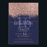 Luxury Rose Gold Navy Glitter Confetti Sweet 16 Invitation<br><div class="desc">The elegant, glamourous, and modern sweet sixteen birthday party invitation is perfect for the contemporary and stylish young teenage girl. It features a faux printed rose gold sparkly glitter confetti speckled colour block on top of a simple dark navy blue background with a large number "16" in a matching pink...</div>