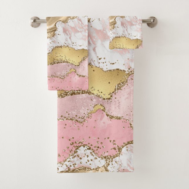 Luxury Rose Gold Pink Marble Design Bath Towel Set (Insitu)