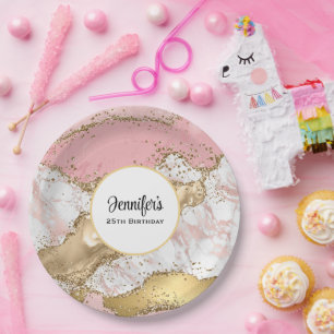 Luxury Rose Gold Pink Marble Design Birthday Paper Plate