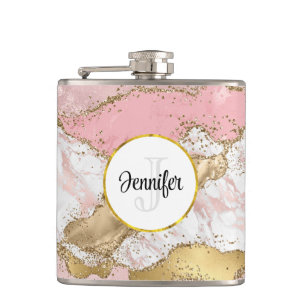 Luxury Rose Gold Pink Marble Design Monogram Hip Flask