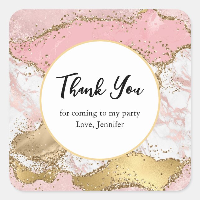 Luxury Rose Gold Pink Marble Party Thank You Square Sticker (Front)