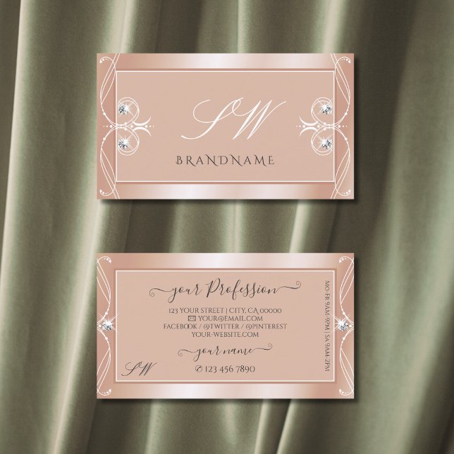 Luxury Rose Gold Sparkle Diamonds Monogram Ornate Business Card (Creator Uploaded)