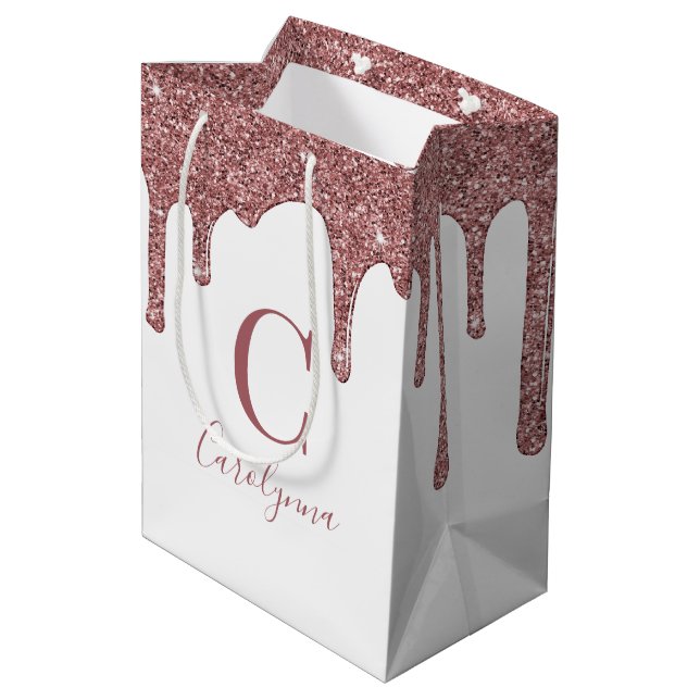Luxury Rose Gold Sparkle Dripping Glitter Monogram Medium Gift Bag (Back Angled)