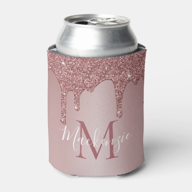 Luxury Rose Gold Sparkle Glitter Drips Monogram Can Cooler (Can Front)