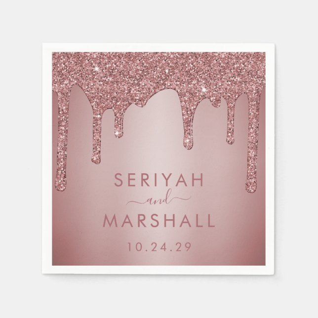 Luxury Rose Gold Sparkle Glitter Drips Wedding Napkin (Front)