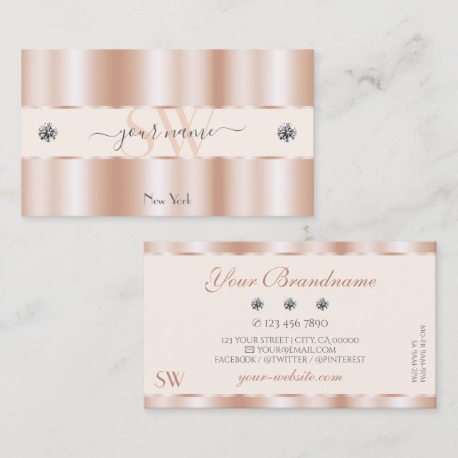 Luxury Rose Gold Sparkle Jewels Monogram Luxe Glam Business Card (Front/Back)