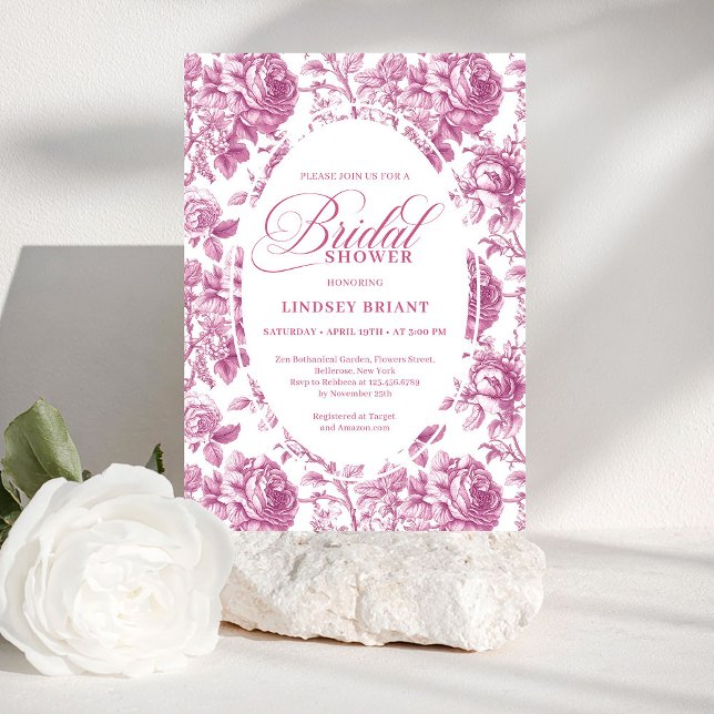 Luxury Rose Gold Toile Roses Floral Bridal Shower  Invitation (Luxury Rose Gold Toile Roses Floral Bridal Shower Invite)