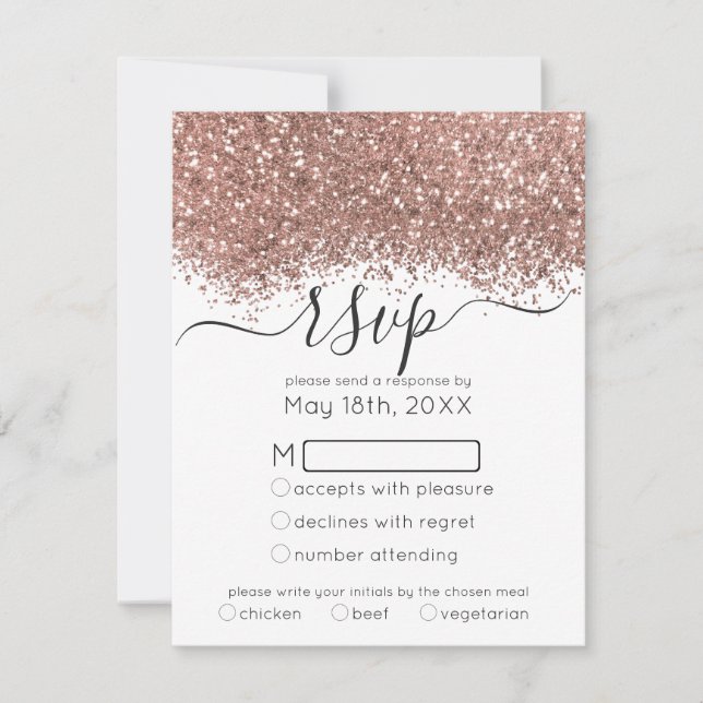 Luxury Rose Gold White Glitter Confetti Wedding RSVP Card (Front)