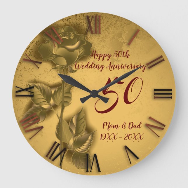 Luxury Rose Happy Gold 50th Anniversary Large Clock (Front)