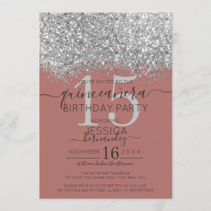 Luxury Rose Silver Glitter Confetti Quinceañera Invitation