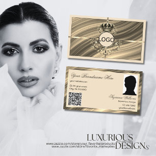 Luxury Royal Beige Gold Crown Logo Photo QR Code Business Card