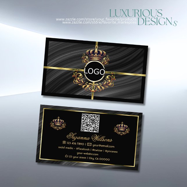 Luxury Royal Black Gold Crown with Logo QR Code Business Card (Creator Uploaded)