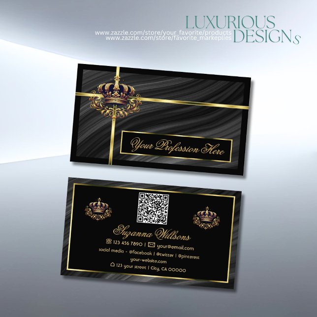 Luxury Royal Black Gold Crown with QR Code Noble Business Card (Creator Uploaded)
