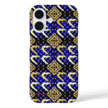 Luxury Royal Blue and Gold Hearts iPhone 16 Case