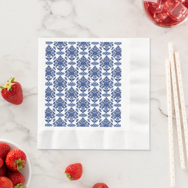 Luxury Royal Blue and White Baroque Floral Pattern Napkin (Insitu)