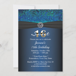 Luxury Royal Blue Black Ribbon Sweet 16 Invitation