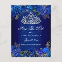 Luxury Royal Blue Floral Quinceanera Save The Date