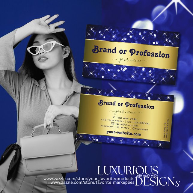 Luxury Royal Blue Glitter Stars Decorative Gold Business Card (Creator Uploaded)