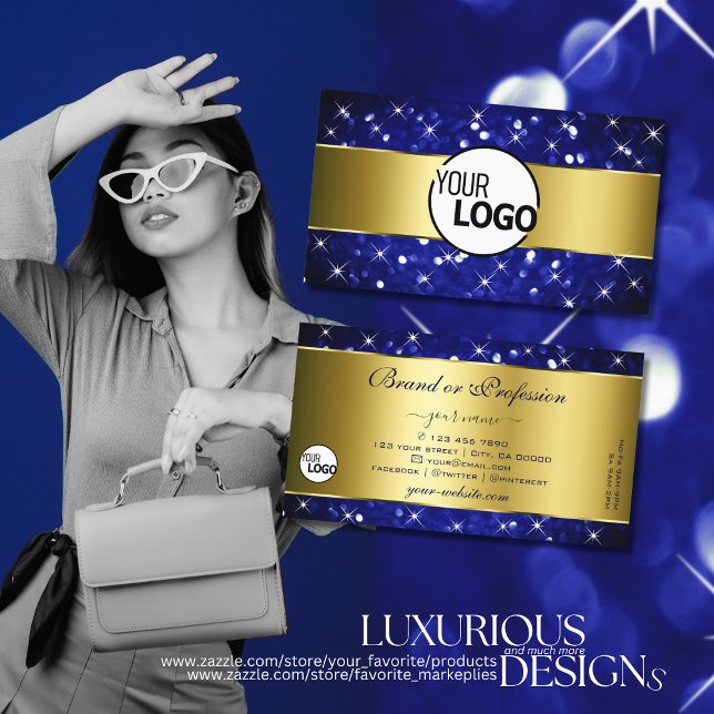 Luxury Royal Blue Glitter Stars Gold and Logo Business Card (Creator Uploaded)