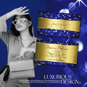 Luxury Royal Blue Glitter Stars Gold with Monogram Business Card