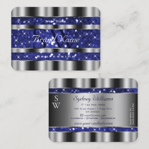 Luxury Royal Blue Glitter Stars Monogram Silver Business Card