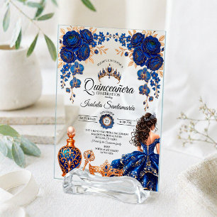 Luxury Royal Blue & Gold Quinceañera Masquerade Acrylic Invitations