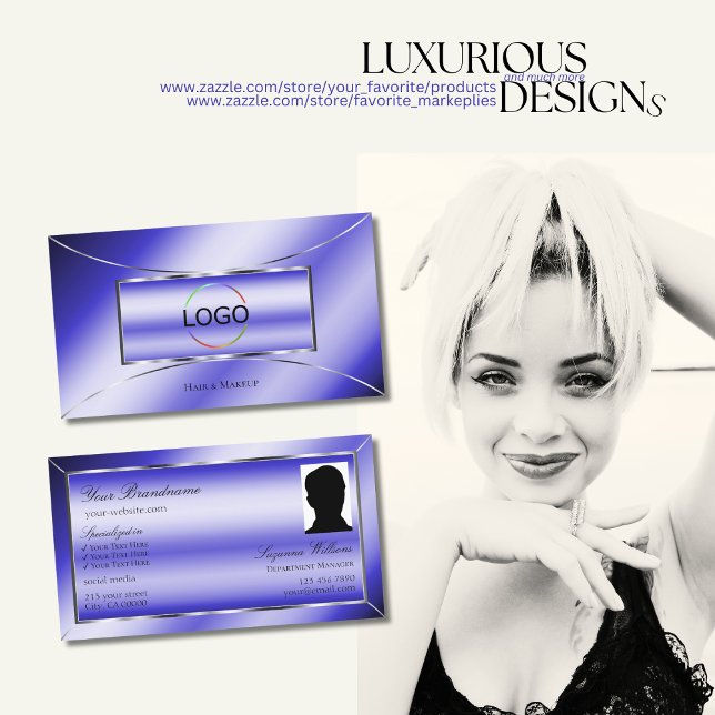 Luxury Royal Blue Silver Decor with Logo and Photo Business Card (Creator Uploaded)