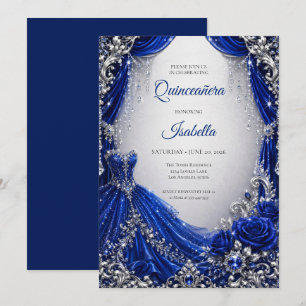 Luxury Royal Blue Silver Quinceañera Invitation