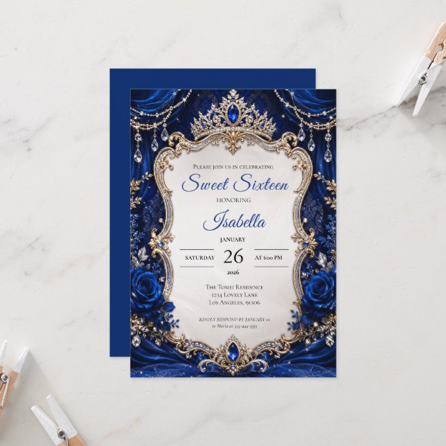 Luxury Royal Blue Silver Sweet 16 Invitation (Front/Back In Situ)