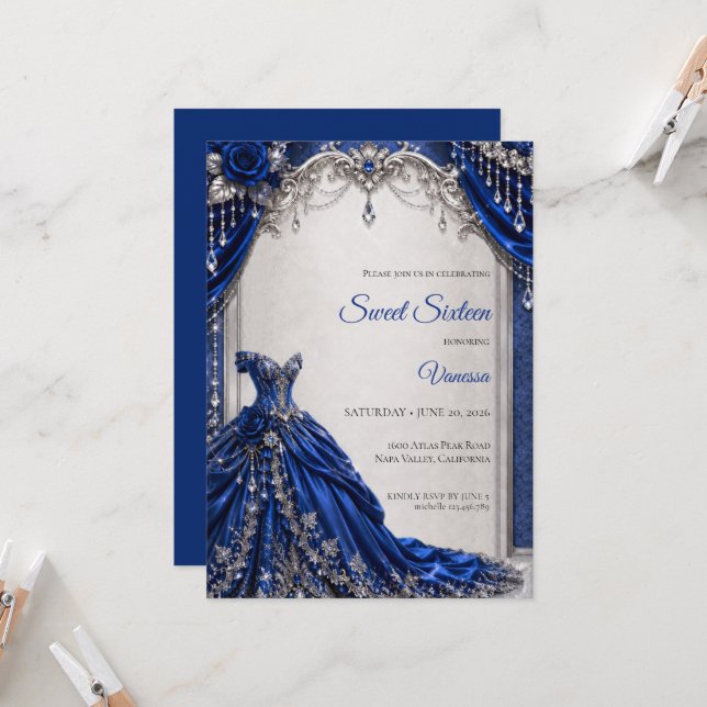 Luxury Royal Blue Silver Sweet 16 Invitation (Front/Back In Situ)
