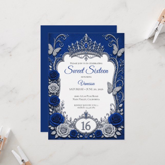 Luxury Royal Blue Silver Sweet 16 Invitation (Front/Back In Situ)