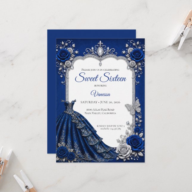 Luxury Royal Blue Silver Sweet 16 Invitation (Front/Back In Situ)