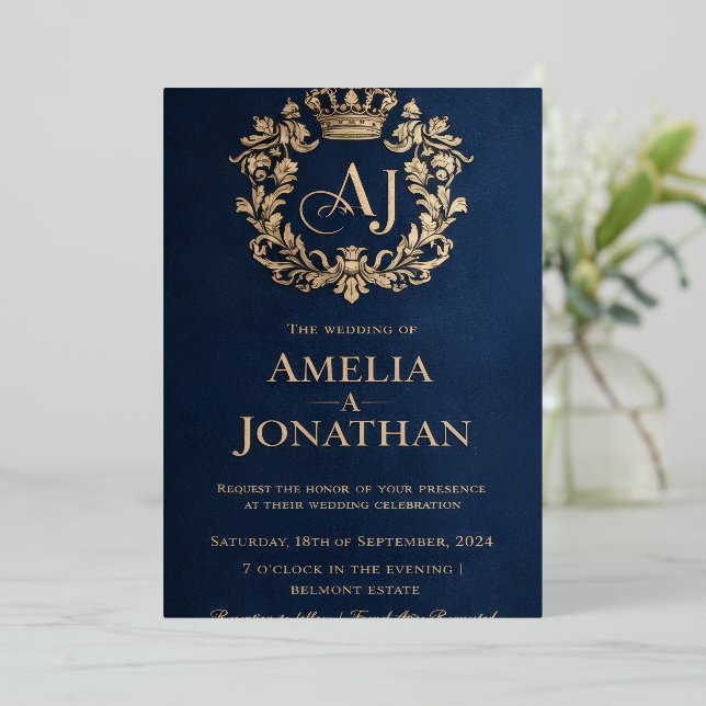 Luxury Royal Wedding Invitation Card – Navy Blue  (Standing Front)