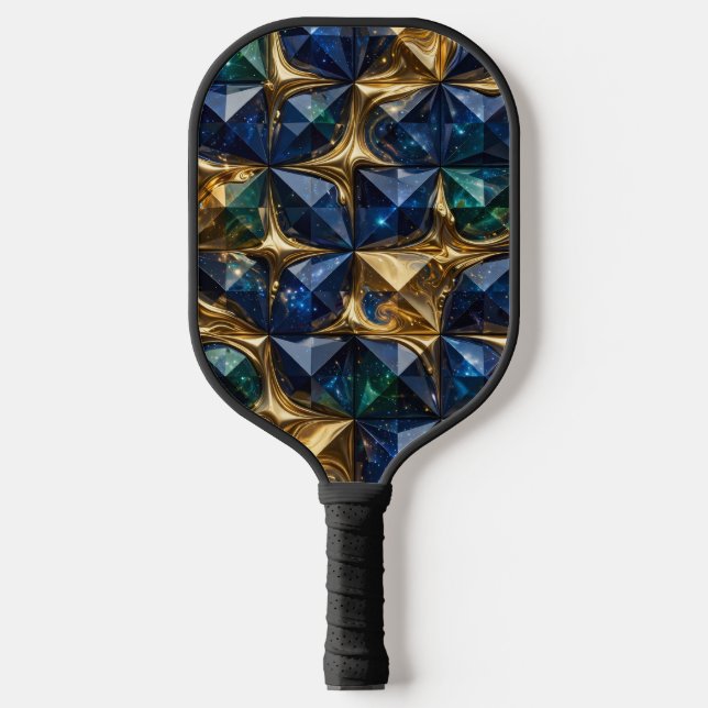 Luxury Ruby Blue Gold Marble Geometric Pickleball Paddle (Front)