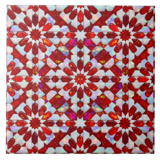 Luxury Ruby Red and White Opal Moroccan Zellij Ceramic Tile (Front)