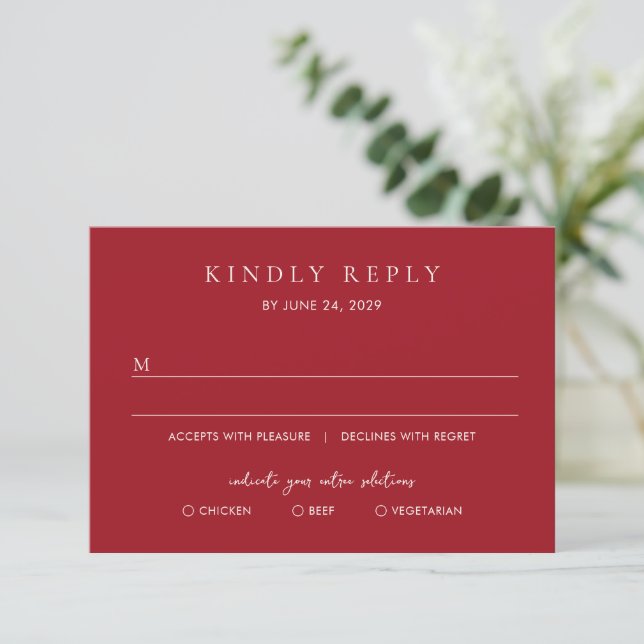 Luxury Ruby Red Elegant Wedding RSVP Card (Standing Front)