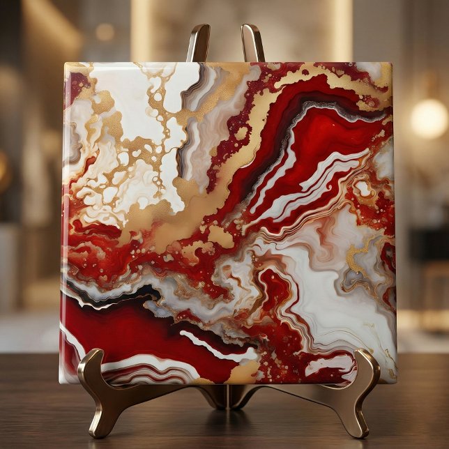 Luxury Ruby Red Gold Liquid Marble Agate Fluid Art Ceramic Tile (Creator Uploaded)