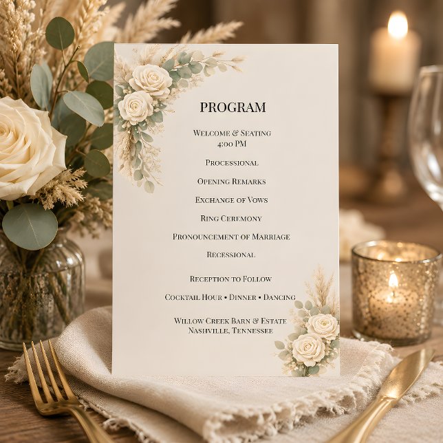 Luxury Rustic Floral With Pampas Grass Program (Part of the luxury rustic wedding theme collection, program card)
