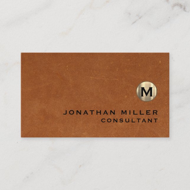 Luxury Sable Brown Leather Gold Monogram Business Card (Front)