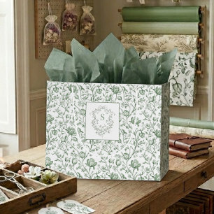 Luxury Sage French Toile Artisan Garden Monogram Large Gift Bag