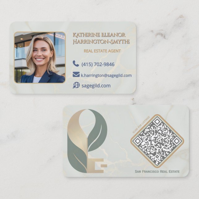 Luxury Sage & Gold Marble Realtor Photo QR Design Business Card (Front/Back)