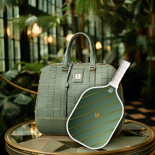 Luxury Sage Green & Gold Monogrammed Pickleball Paddle