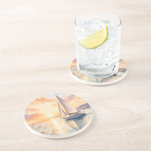 Luxury Sailboat at Sunrise Watercolor Coaster