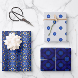 Luxury Sapphire Blue Gold Patterned  Wrapping Paper Sheet