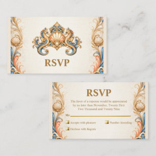 Luxury seahorse beach blue orange gold RSVP Enclosure Card